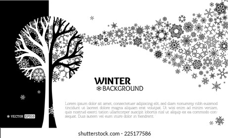 Winter tree background. Various snowflakes on tree. Snowflakes wave background. Black and white vector illustration.