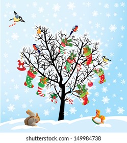 Winter tree with birds, squirrel, Xmas shoes, candies and presents. Christmas and New Year card.