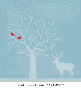 Winter tree with birds vector illustration