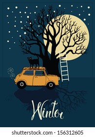 Winter tree, car, cat and a bright moon card