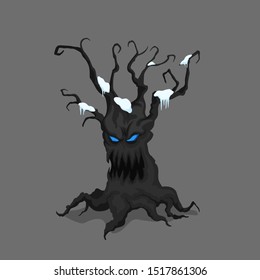 Winter tree in cartoon style. Fantasy monster. Isolated image of scary character. Vector illustration