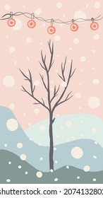 winter tree, christmas cute hand drawn illustration with seasonal christmas elements and trendy matching pastel colors