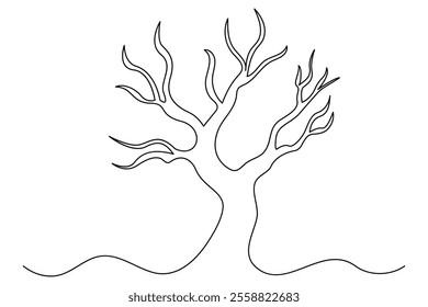 Winter tree Continuous one line drawing on on white background. Vector illustration
