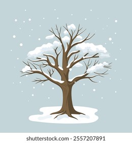 Winter tree covered with snow against the background of a winter landscape. Illustration