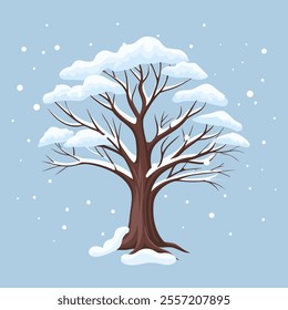 Winter tree covered with snow against the background of a winter landscape. Illustration