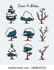 Winter Tree Covered with Snow Illustration Set