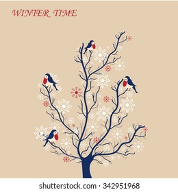 Winter tree with cute birds