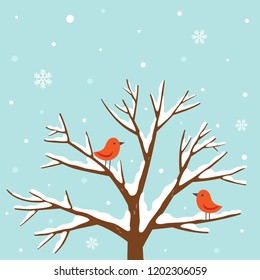 Winter tree with cute red birds