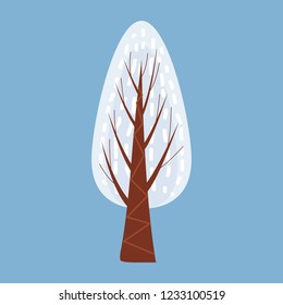 Winter tree decorate stylized, snow, naked. Vector, cartoon style, isolated