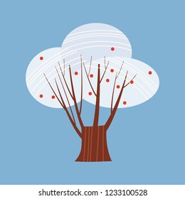 Winter tree decorate stylized, snow, naked. Vector, cartoon style, isolated