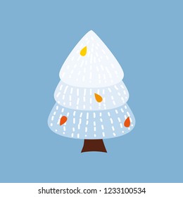 Winter tree decorate stylized, snow, naked. Vector, cartoon style, isolated
