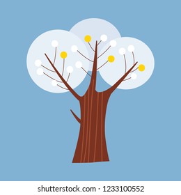 Winter tree decorate stylized, snow, naked. Vector, cartoon style, isolated