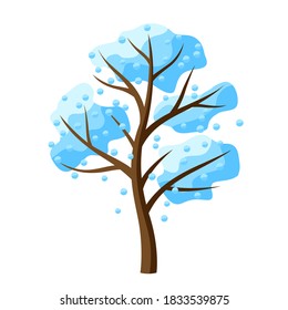 Winter tree with falling snow. Natural seasonal decorative illustration.