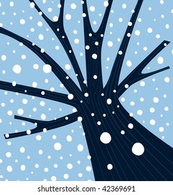 Winter tree with falling snow. Tree with winter weather atmosphere. Vector Illustration.