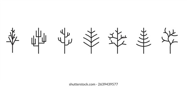 Winter tree icons set, featuring bare and bare trees with dead and dry branches without leaves, Tree line icon, Tree vector illustration in transparent background. Tree dry branch icon set.