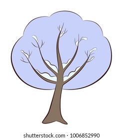 Winter tree isolated on white background, cartoon tree with snow on branches