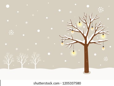 Winter tree with light lamp bulbs.Winter landscape