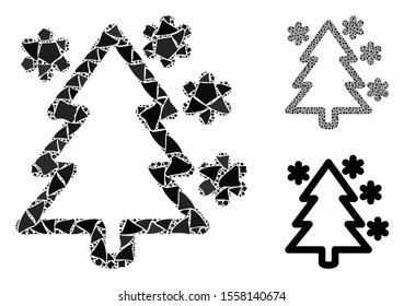 Winter tree mosaic of abrupt items in variable sizes and color tones, based on winter tree icon. Vector abrupt dots are combined into collage. Winter tree icons collage with dotted pattern.
