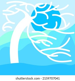 winter tree on the background of relief and blue sun