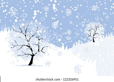 Winter tree on the meadow. Christmas card for your design