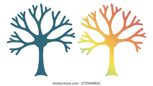 Winter tree outline, skeletal branch structure, nature growth icon, colorful abstract art.