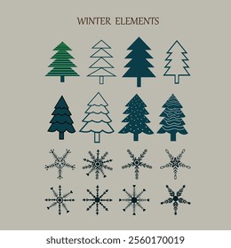 Winter  tree Plants Design Elements  natural elements flat color vector objects set. New year holiday decorations craft illustrations bundle on white background snowflake 