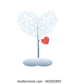 winter  tree with  a red heart  on  a branch