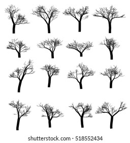 Winter tree set. Dry tree with fallen leaves. Dead tree silhouette. Vector illustration