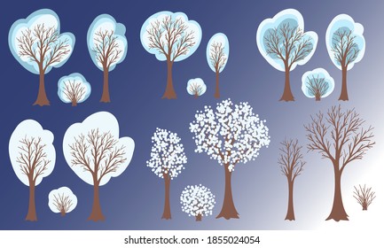 Juego de árboles de invierno. Elementos de diseño de paisajes forestales de nieve para la decoración navideña. Ilustración vectorial.