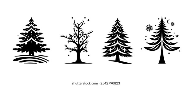 Winter tree silhouette collection. Black and white tree