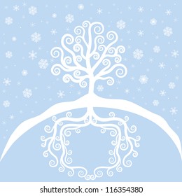 Winter tree and snowfall. Christmas card