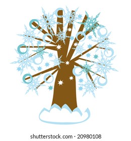 Winter tree with snowflakes, circles and stars. Vector illustration.