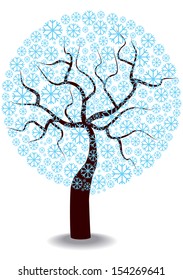 winter tree with snowflakes, colorful vector illustration