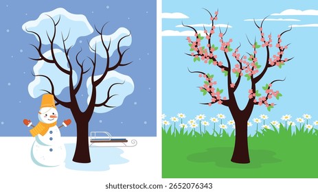 Winter tree and spring tree. Winter season. Vector illustration in flat style