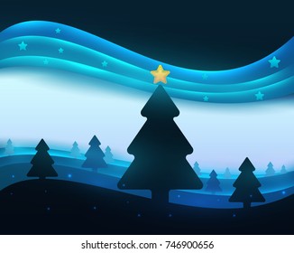 Winter tree and star in paper cut trendy craft cartoon style. Christmas, new year modern design for advertising, branding background greeting card, cover, poster, banner. Vector illustration.