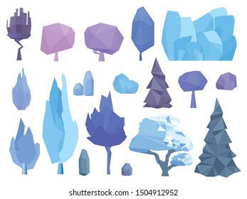 Winter tree and stones set. Landscape elements collection. Low poly trees and ice rock. Winter set of nature season elements. Christmas, New Year forest woods, mountain. Ice forest tree. Vector set