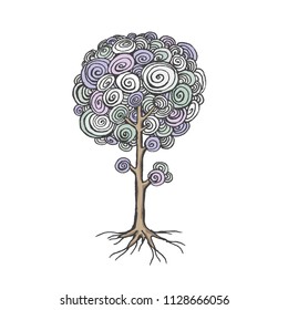 Winter Tree with Swirls and Roots isolated on white background. Vector doodle tree. Winter season symbol.