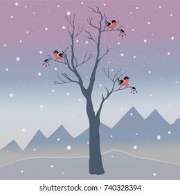 Winter Tree with three bullfinches with spray of berry near each. Sweet Winter day with light falling snow on from winter sky. Vector Illustration.