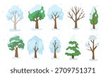 Winter tree vector set. Different trees with snow covered. Winter element, hello winter, winter nature clipart in flat cartoon style, isolated on white background.