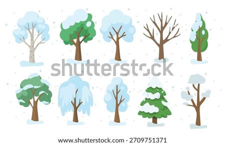 Winter tree vector set. Different trees with snow covered. Winter element, hello winter, winter nature clipart in flat cartoon style, isolated on white background.