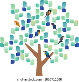 Árbol de invierno con ilustración vectorial de aves silvestres