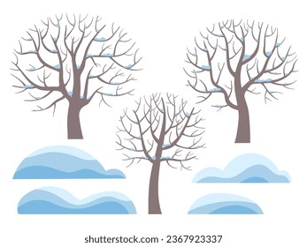 Winter tree without leaves with snow on the branches and snowdrifts, tree in three versions  without leaves on isolated on white background