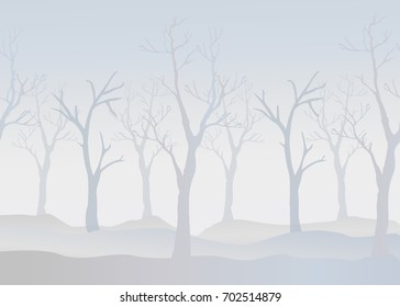 Winter Trees Background. Winter landscape with trees, fog. Cloudy Foggy Day.