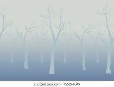 Winter Trees Background. Winter landscape with trees, fog. Cloudy Foggy Day.