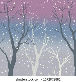 Winter Trees Background. Winter landscape with trees, snow. Snow In Forest. Vector Illustration. 