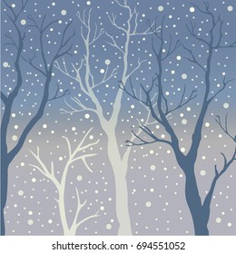 Winter Trees Background. Winter landscape with trees, snow. Snow In Forest. Vector Illustration. Season Nature.