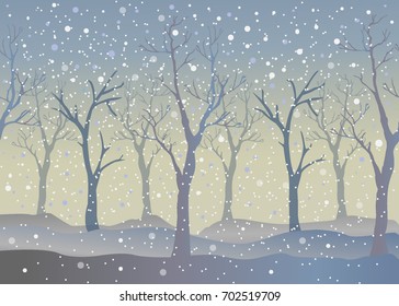 Winter Trees Background. Winter landscape with trees, snow. Snow In Forest. Vector Illustration. Season Nature. Winter Holiday