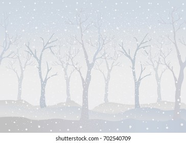 Winter Trees Background. Winter landscape with trees, snow. Snow In Forest. Vector Illustration. Season Nature. Winter Holiday