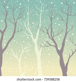 Winter Trees Background on light green gradient background. Green Earth Theme. Winter landscape with trees, snow. Snow In Forest. Season Nature. Vector Illustration.