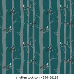 Winter trees with birds seamless pattern. Vector illustration on green background